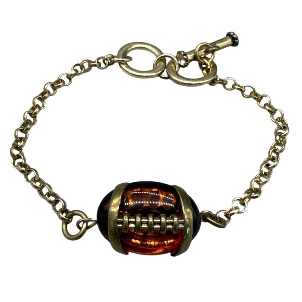 Chain Brown Crystal Football Charm Bangle Bracelet Gold Tone Evening Retro